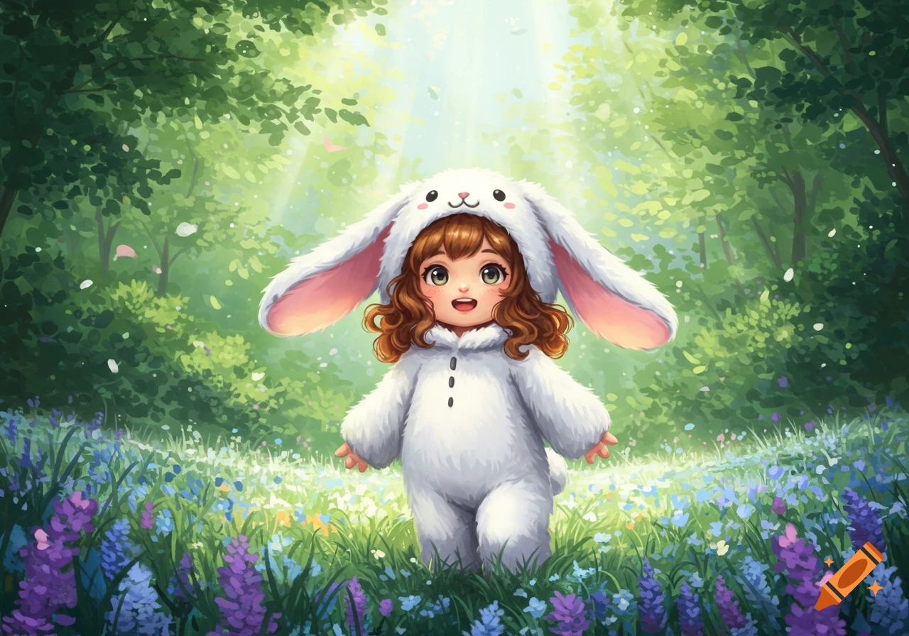 A cute anime-style girl in a fluffy white bunny costume stands smiling in a sunlit forest filled with colorful flowers.