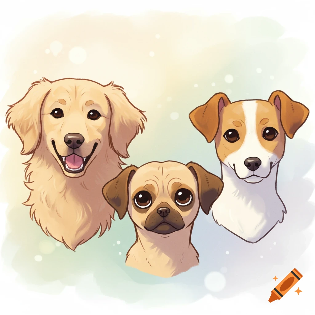 Cartoon heads of a golden retriever, a puggle, and a Jack Russell mix against a light background.