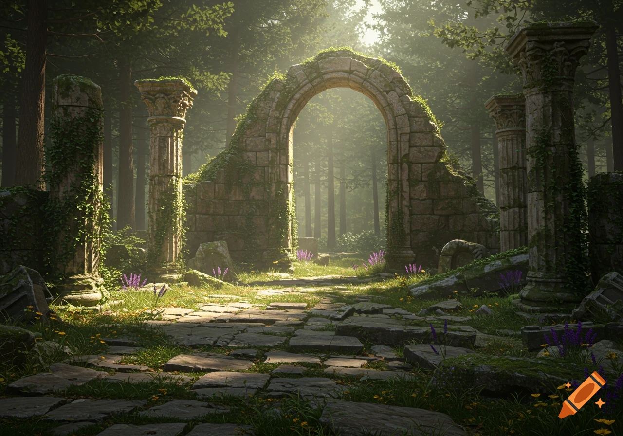 Sunlight streams through a dense forest, illuminating overgrown stone ruins, an archway, and ancient pillars, with a stone path and purple flowers.