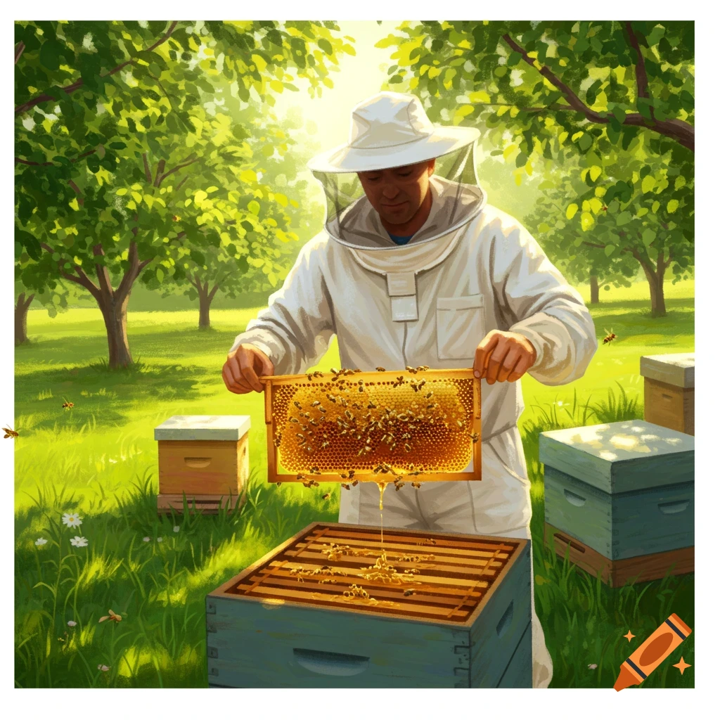 A beekeeper in a white suit and hat holds a honeycomb dripping with honey over a beehive in a sunny, green field with trees.