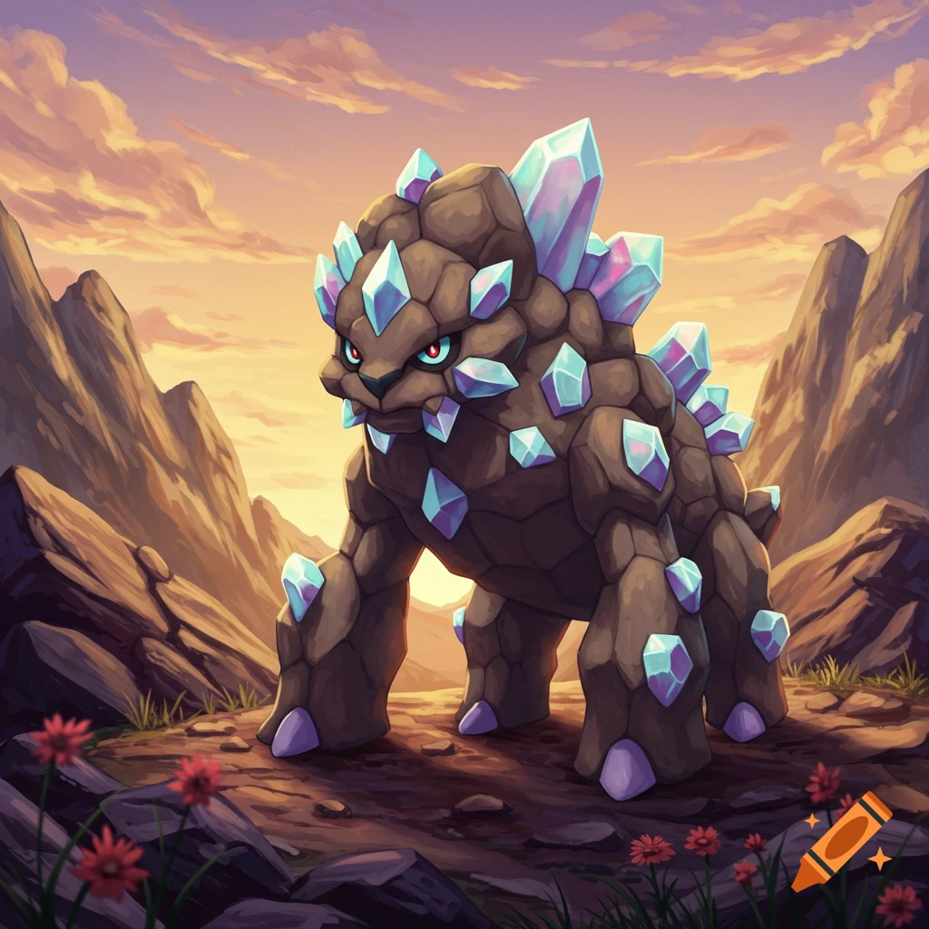 A fierce rock-type creature covered in blue crystals stands in a rocky sunset landscape, in a colorful animated style.