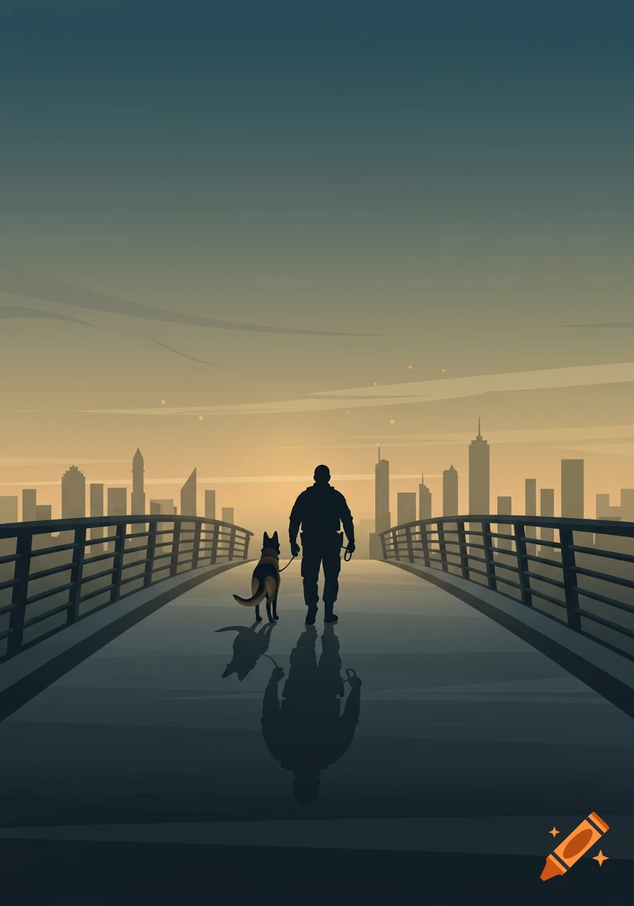 Stylized silhouette illustration of a K9 handler and dog walking on a bridge toward a city skyline at dusk.