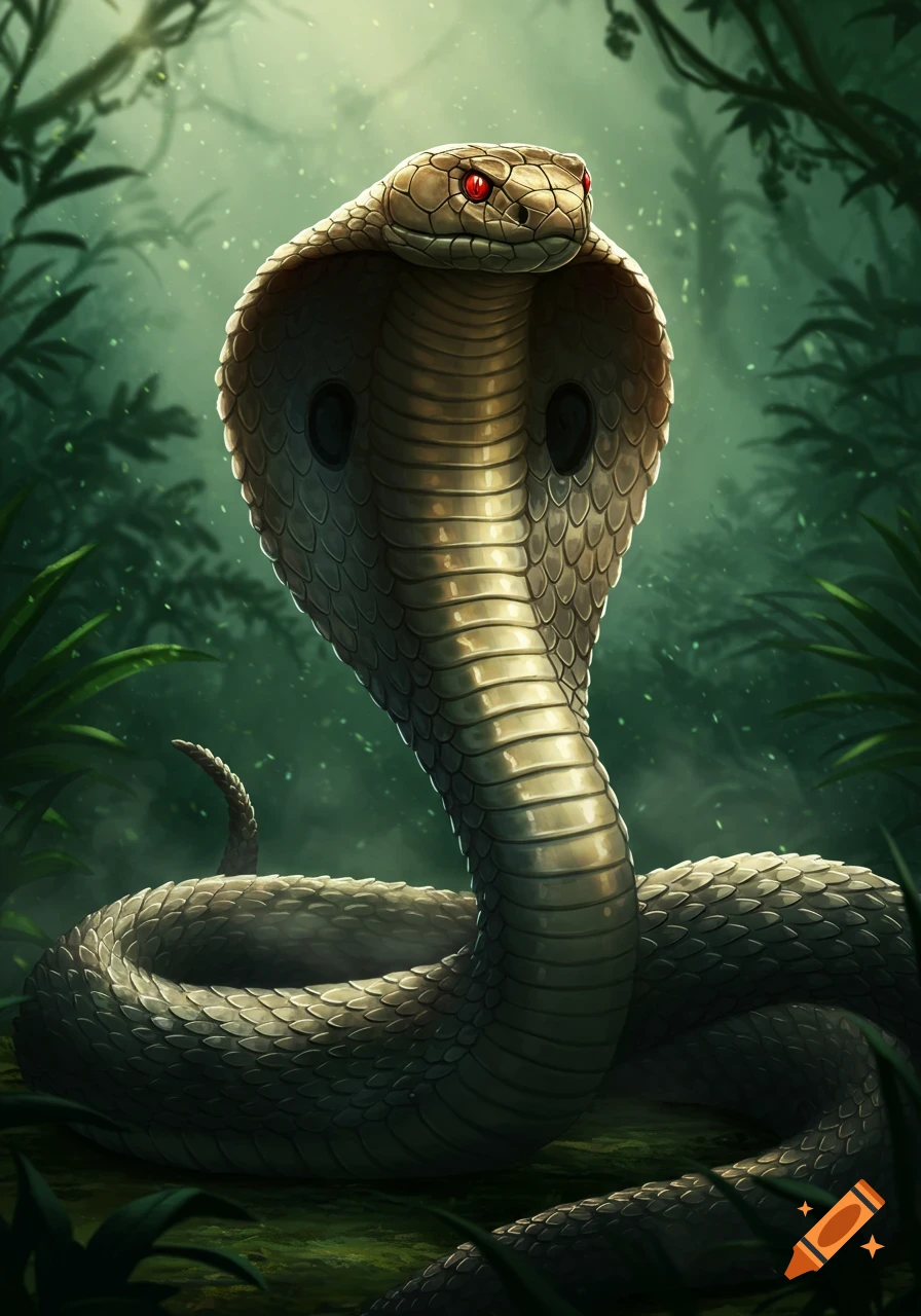A detailed digital art illustration of a red-eyed cobra with its hood spread in a lush, green jungle.