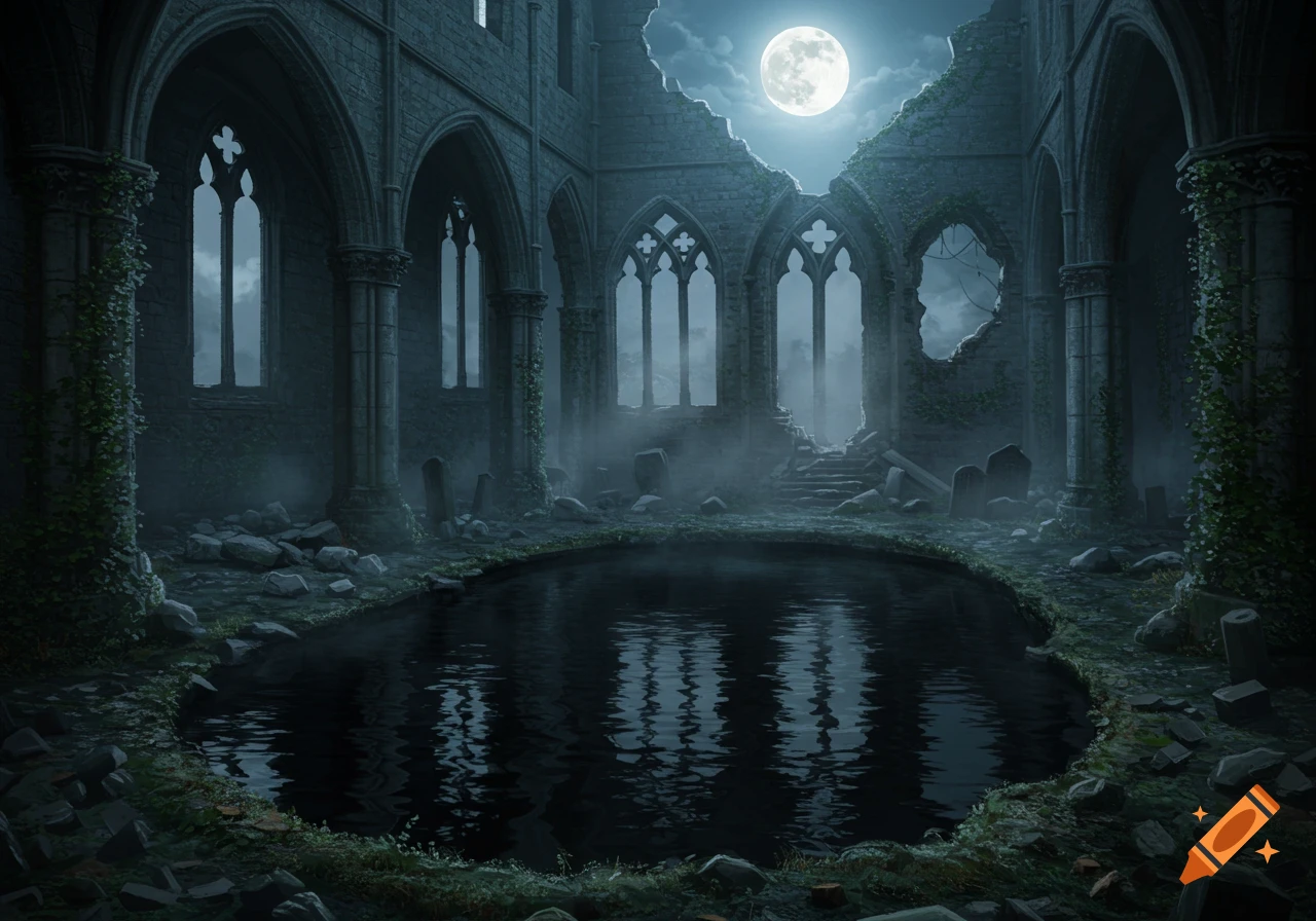 A full moon illuminates the mist-shrouded ruins of a gothic stone church with a dark, reflective pool at its center.