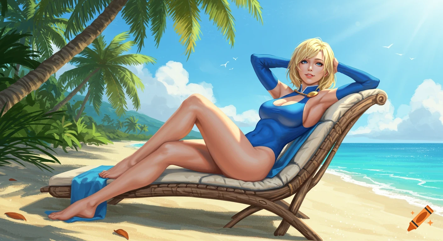 Blonde Powergirl in a blue swimsuit relaxing on a beach lounge chair under palm trees, with the ocean in the background. Digital art.