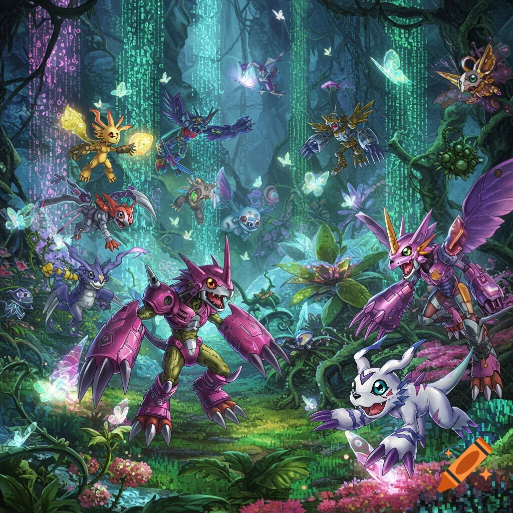 Many colorful Digimon characters, including pink and white ones, in a vibrant, glowing fantasy forest with digital patterns and butterflies.
