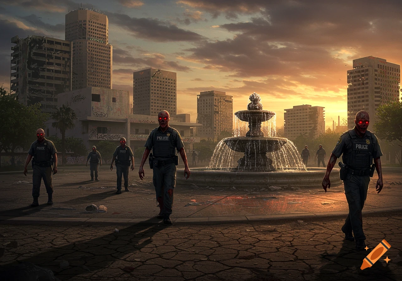 Video game style image of zombie police officers with glowing red eyes in a ruined city square with a fountain at sunset.