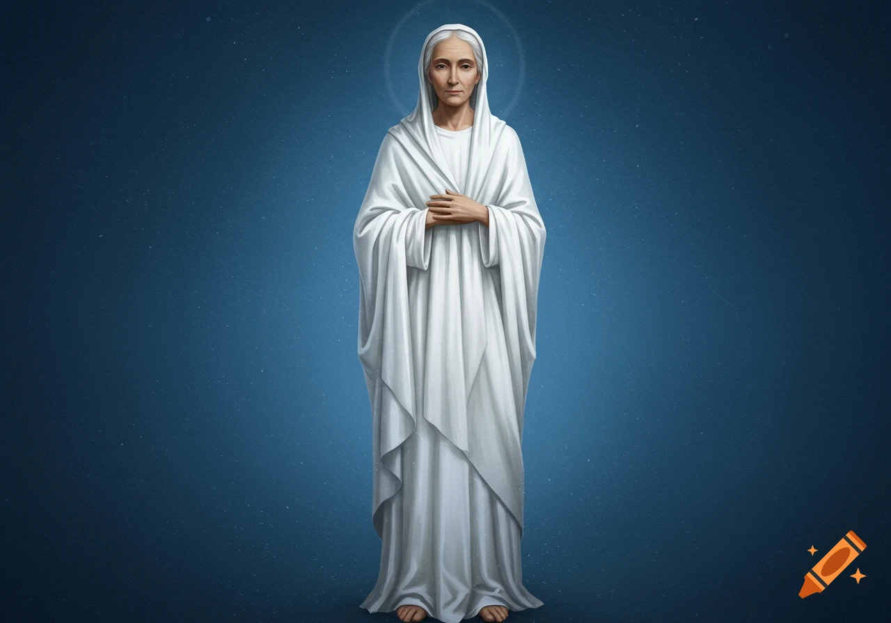 An illustration of an older woman in white robes, with clasped hands and a halo, against a blue, starry background.
