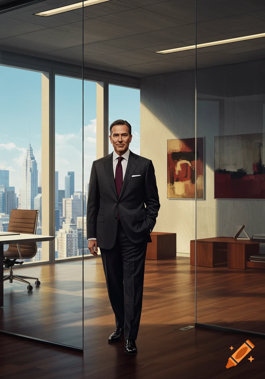 A photorealistic image of a businessman in a dark suit standing in a modern office with a city skyline view.