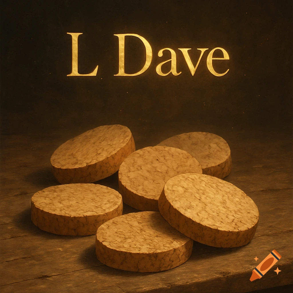 Six circular cork pieces scattered on a dark wooden table with golden text 'L Dave' floating above.
