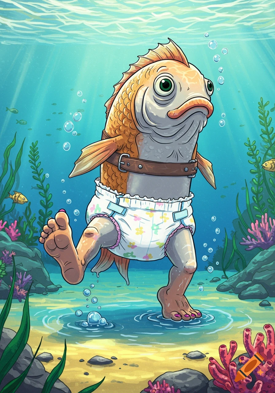 Cartoon goldfish with human legs and feet wearing a diaper walks on a shallow seabed with coral and seaweed.