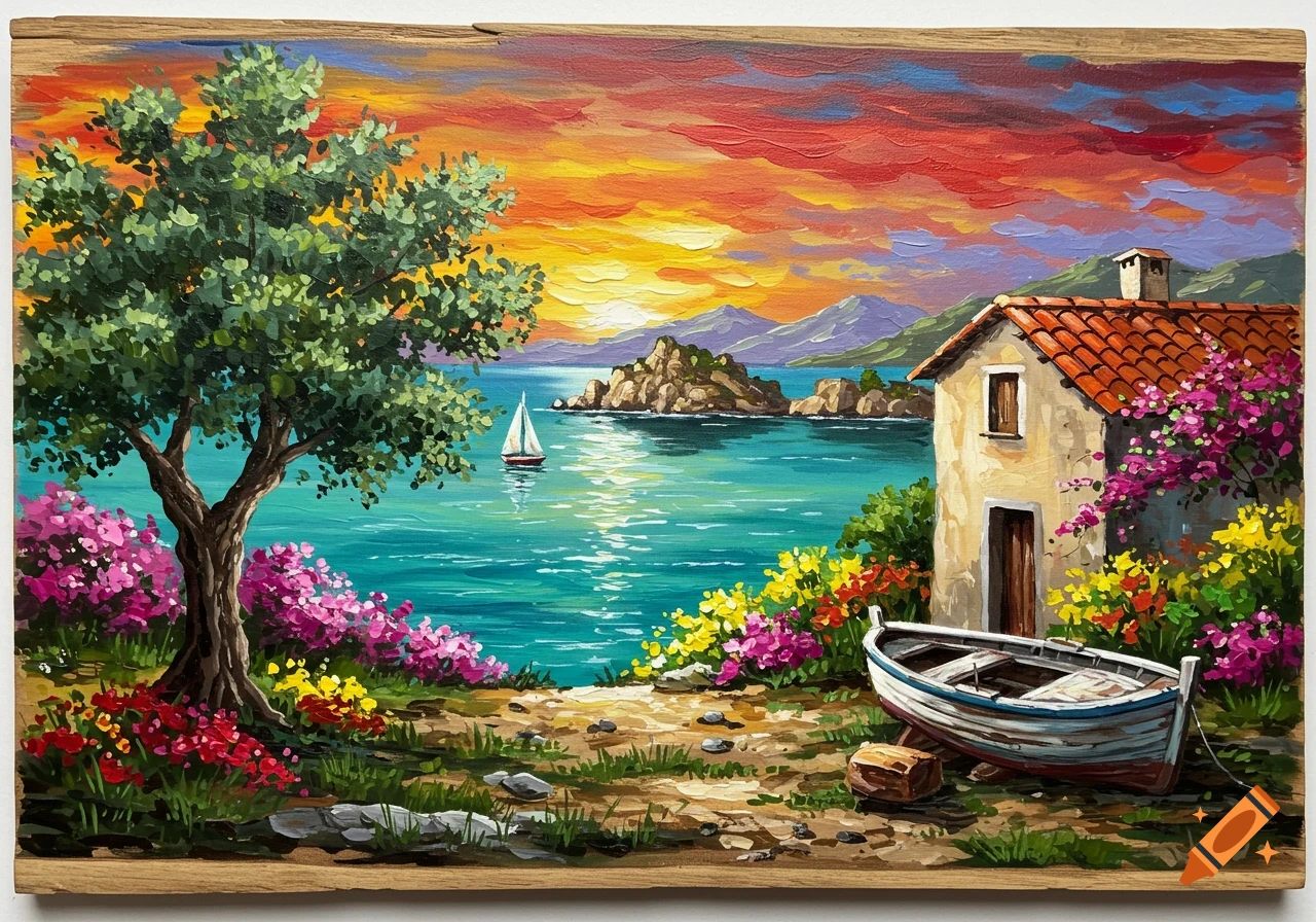 Vibrant Mediterranean landscape painting with a rustic house, olive tree, boat, and a sailboat on the sea under a fiery sunset.