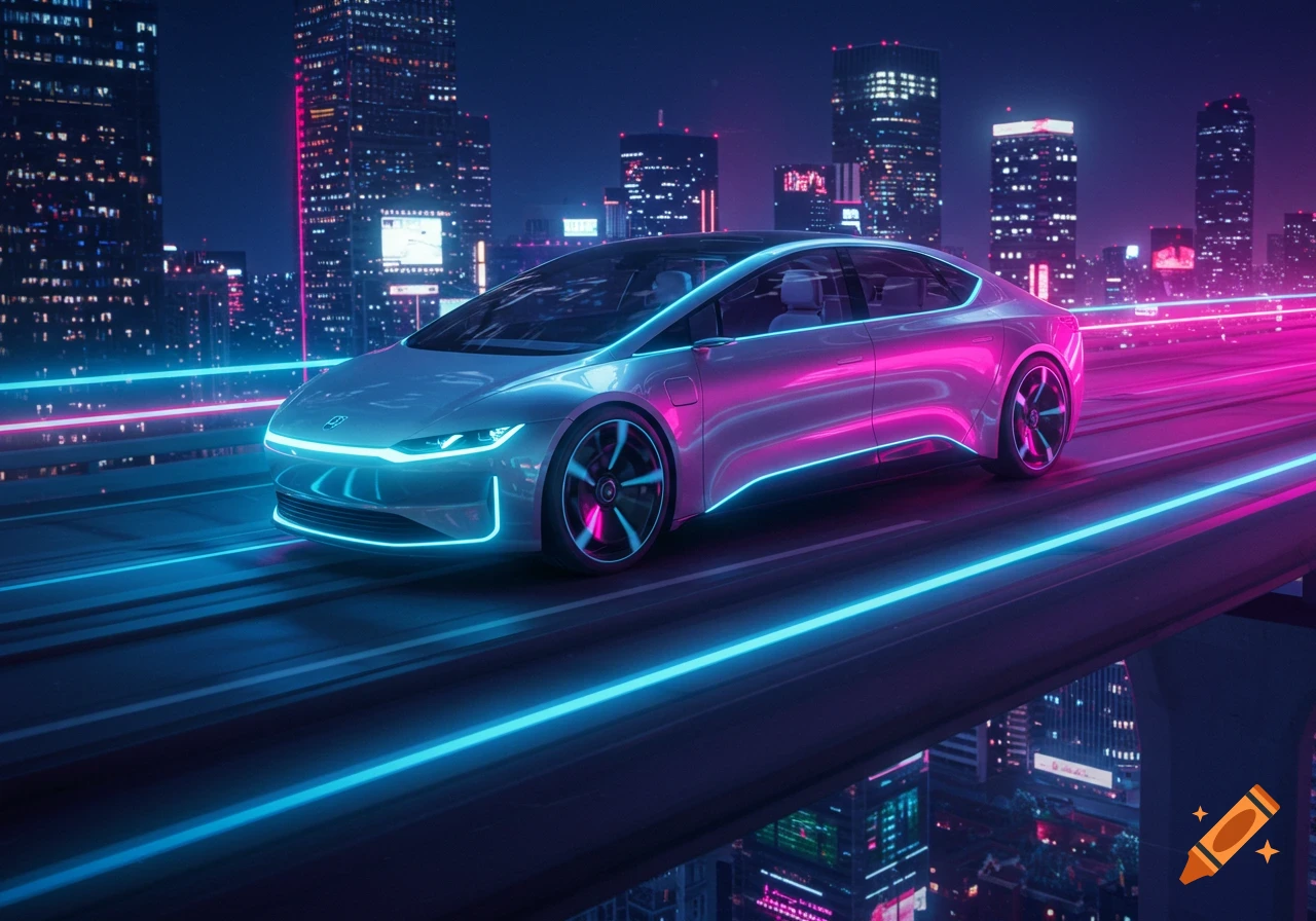 A sleek futuristic car with neon blue and pink lights drives on a highway through a cyberpunk city at night.