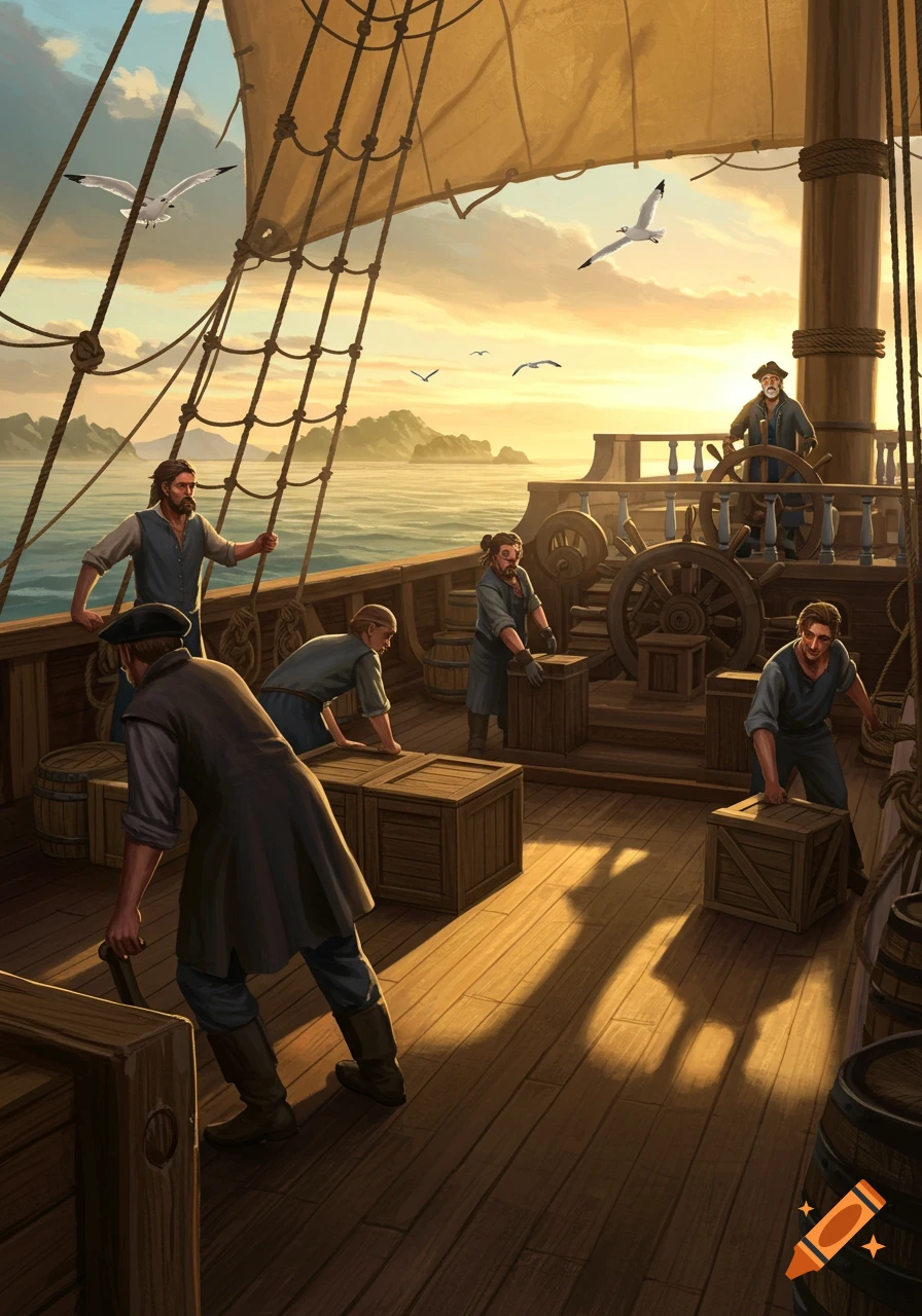 Illustrative painting of men working on the deck of a sailing ship at sunset, with islands and seagulls.