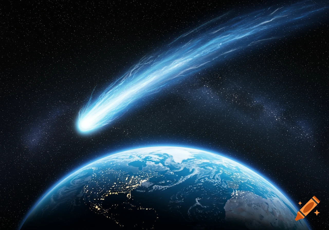 A bright blue comet with a long, luminous tail streaks across a dark, starry sky above the illuminated Earth.