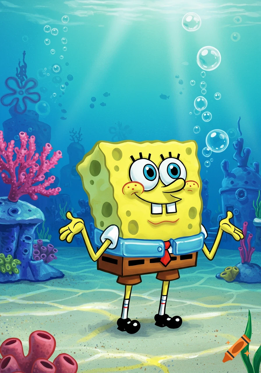 Cartoon SpongeBob SquarePants with a blue collar, shrugging underwater amidst coral and bubbles.