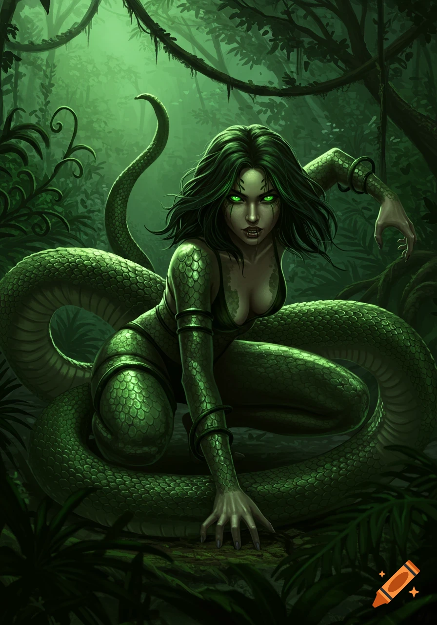 A fierce, green-skinned reptilian woman with glowing green eyes and fangs, crouching amidst lush jungle foliage, her lower body transforming into a coiled snake tail, in a digital painting style.