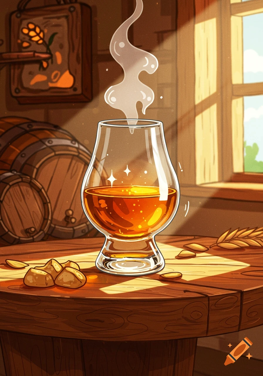 A cartoon whisky dram in a glass, steaming on a wooden table with barrels and sunlight from a window.