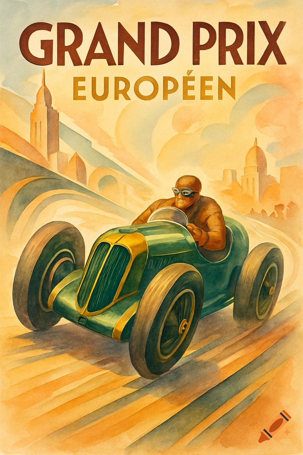Vintage art deco watercolor poster of a race car and driver, with 'GRAND PRIX EUROPÉEN' text.