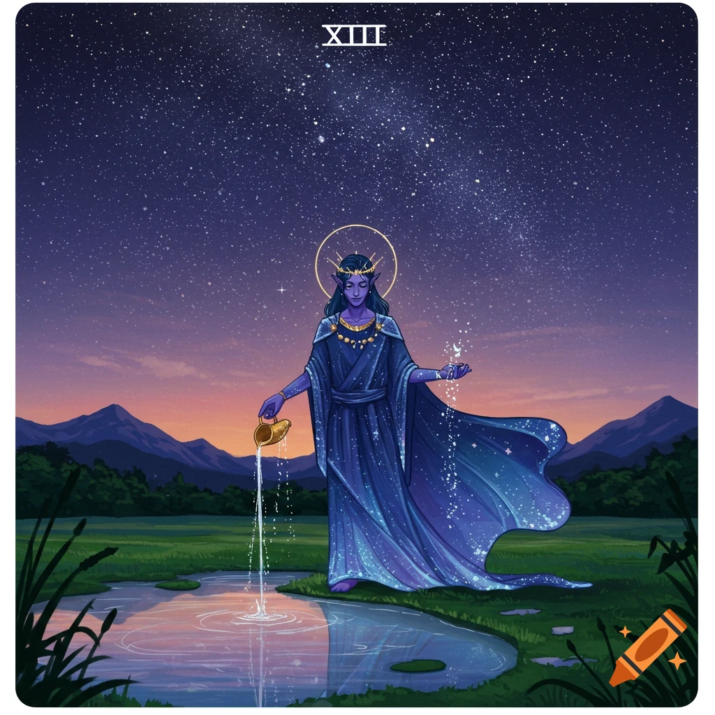 A blue-skinned character, resembling an elf or deity, pouring water into a pond under a starry night sky, labeled 'XIII'.
