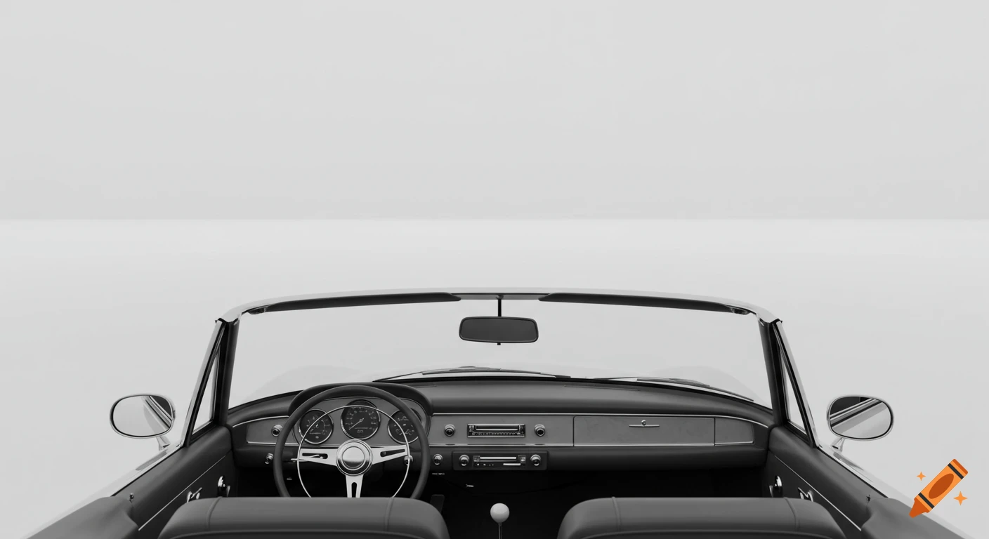 Driver's perspective inside a classic convertible with a blank, white world ahead, rendered in black and white.