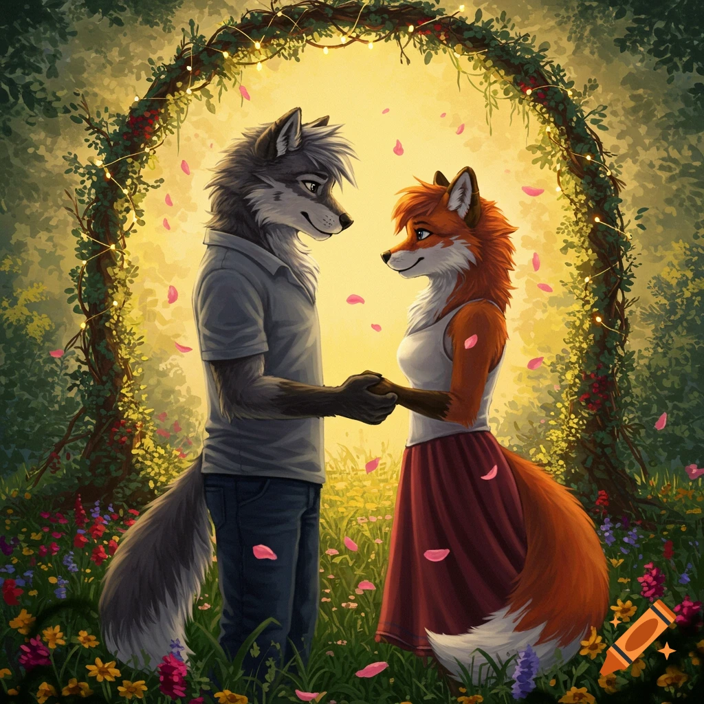 A furry wolf man and fox woman hold hands in a field of wildflowers under a lit archway, with pink petals falling, digital art style.