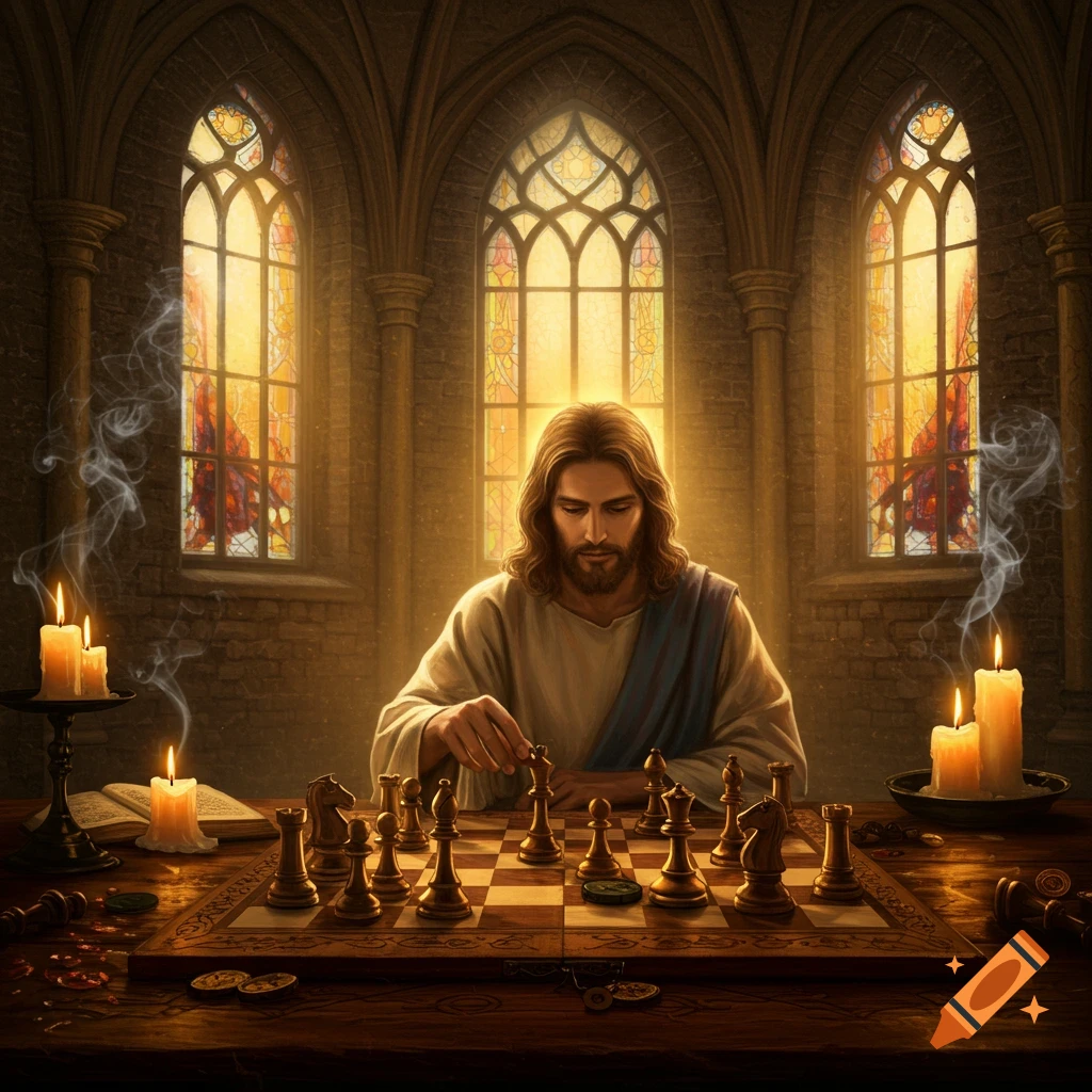 Jesus Christ playing chess in a gothic room with stained glass windows and candles.