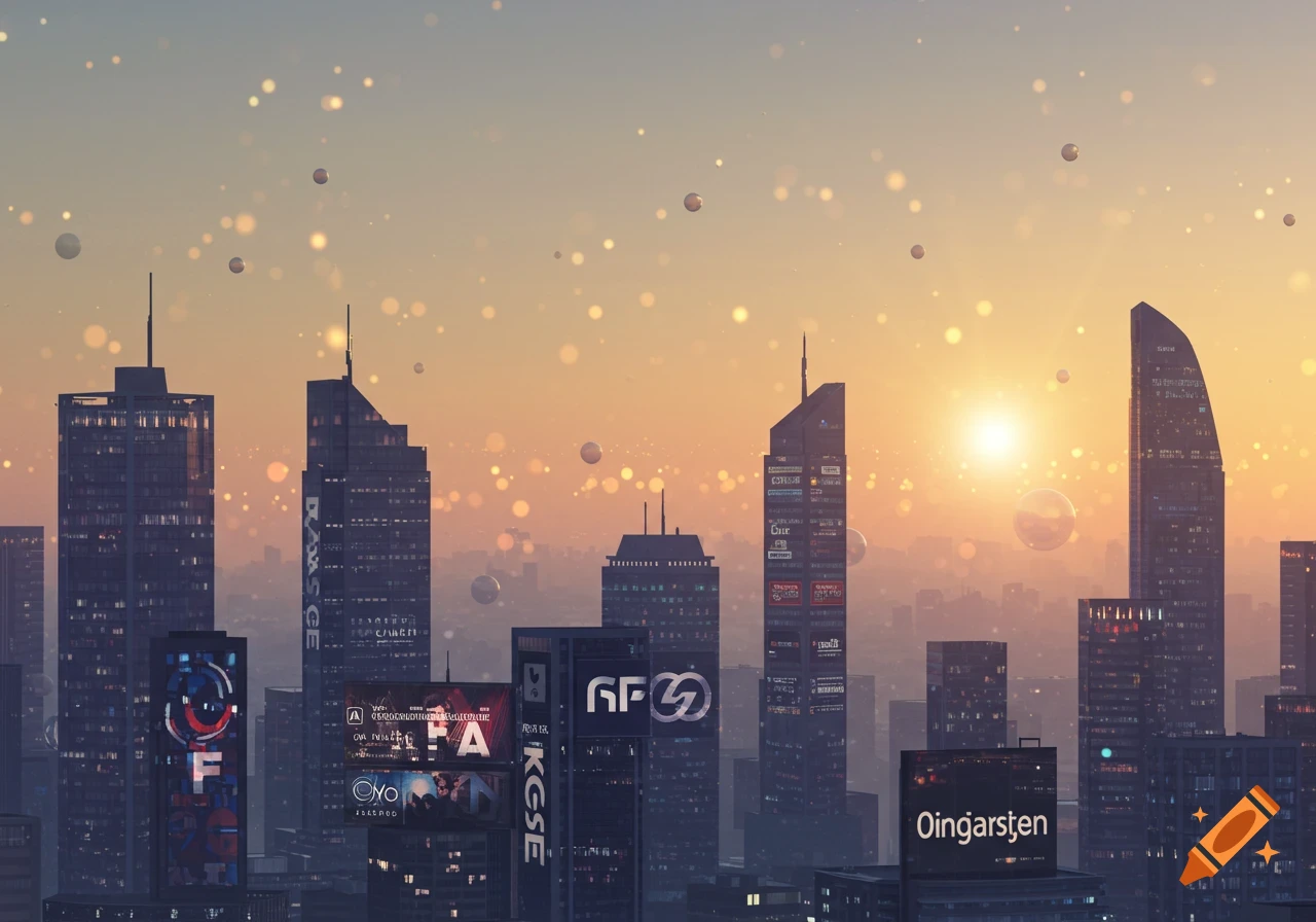 A vibrant, futuristic city skyline at sunset, with numerous illuminated billboards on buildings and glowing orbs floating in the sky.