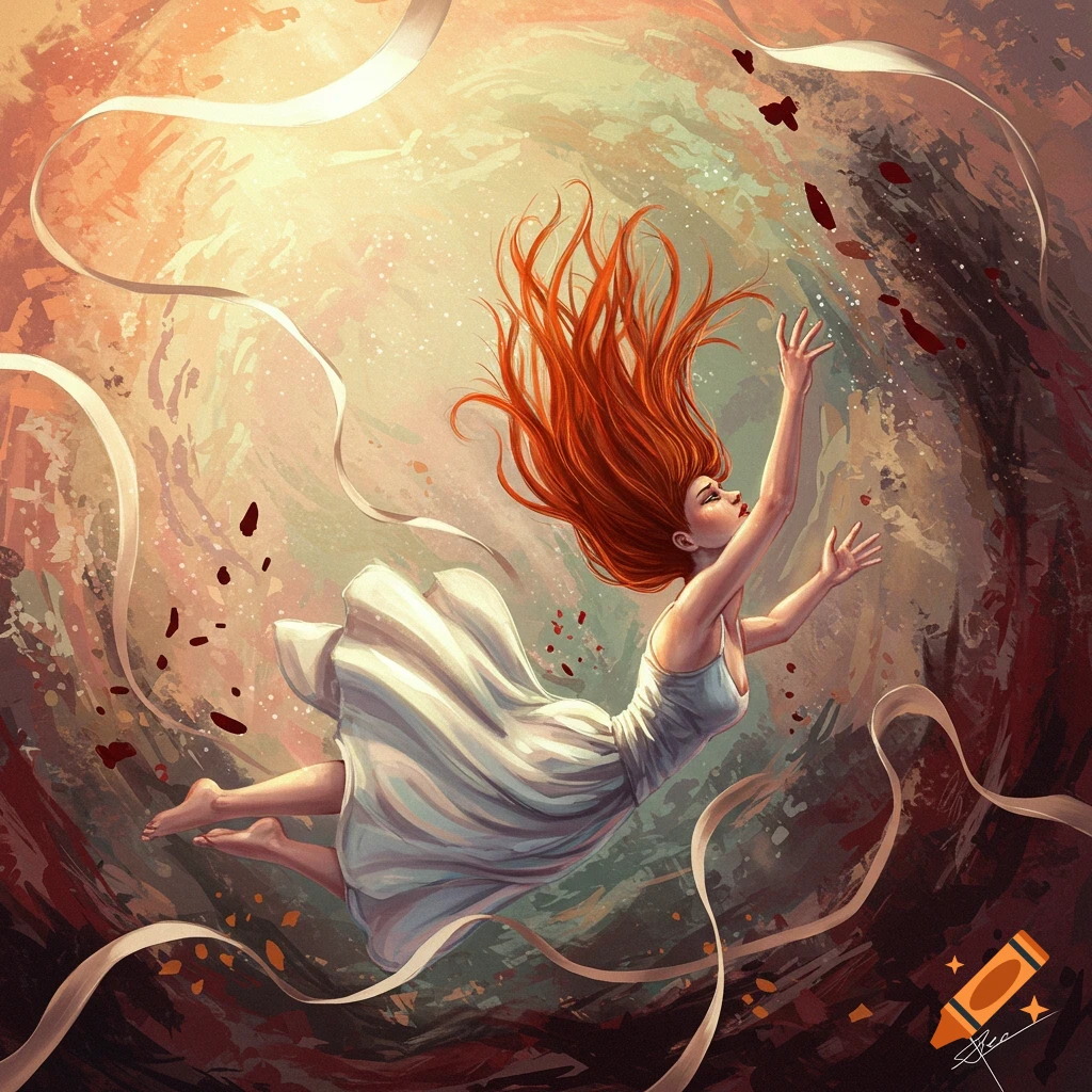 A red-haired woman in a white dress falls through a swirling background, reaching up amidst ribbons and dark petals in a digital painting.