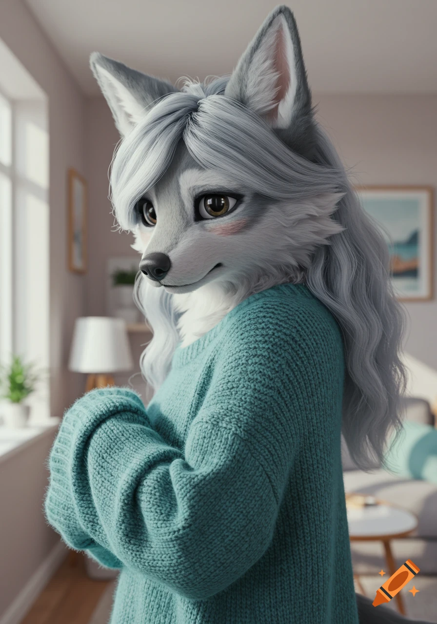 A shy, cute, blushing white wolf girl with long gray hair, wearing a teal knitted sweater, looking away in a softly lit room.