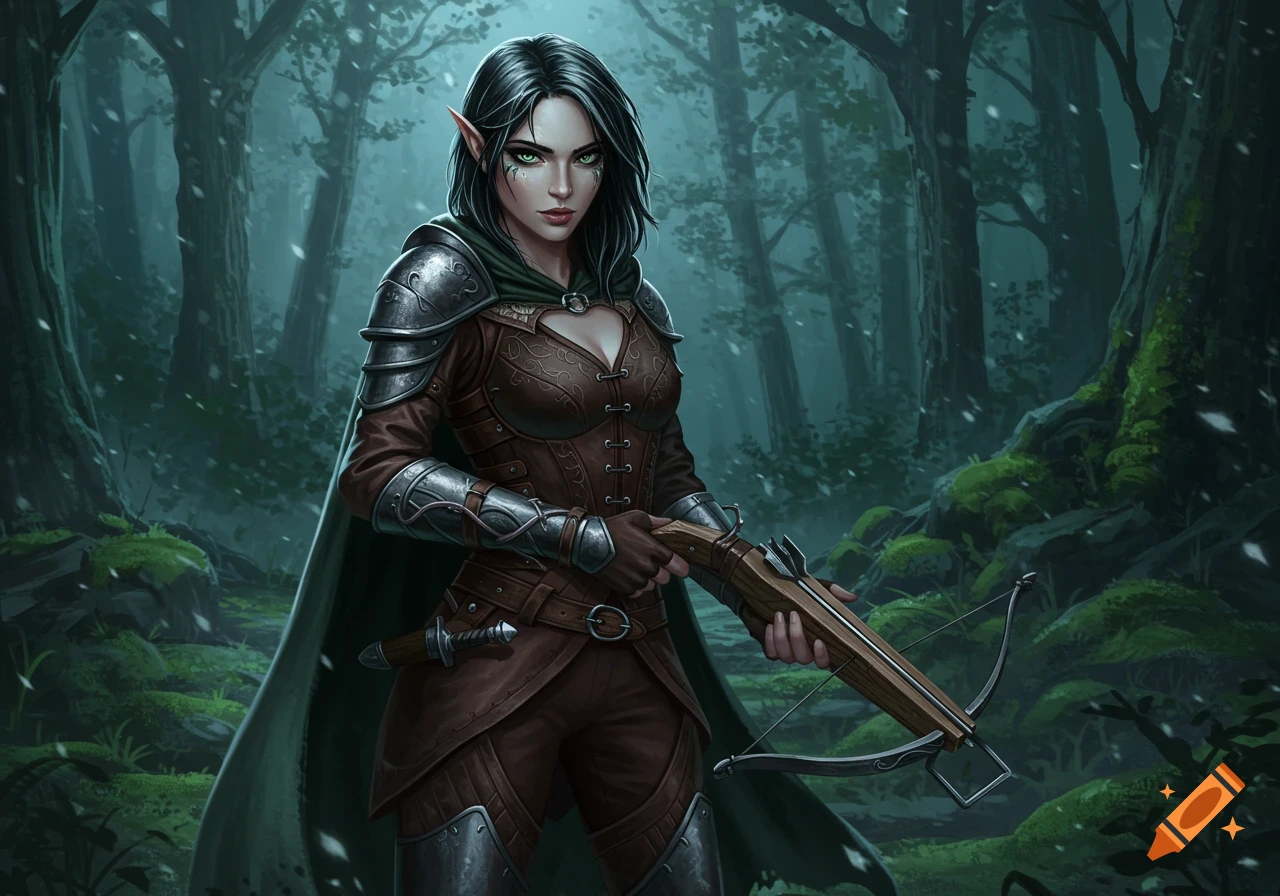 A female fantasy rogue with elf ears, green eyes, and dark hair, wearing armor and holding a crossbow in a misty forest.