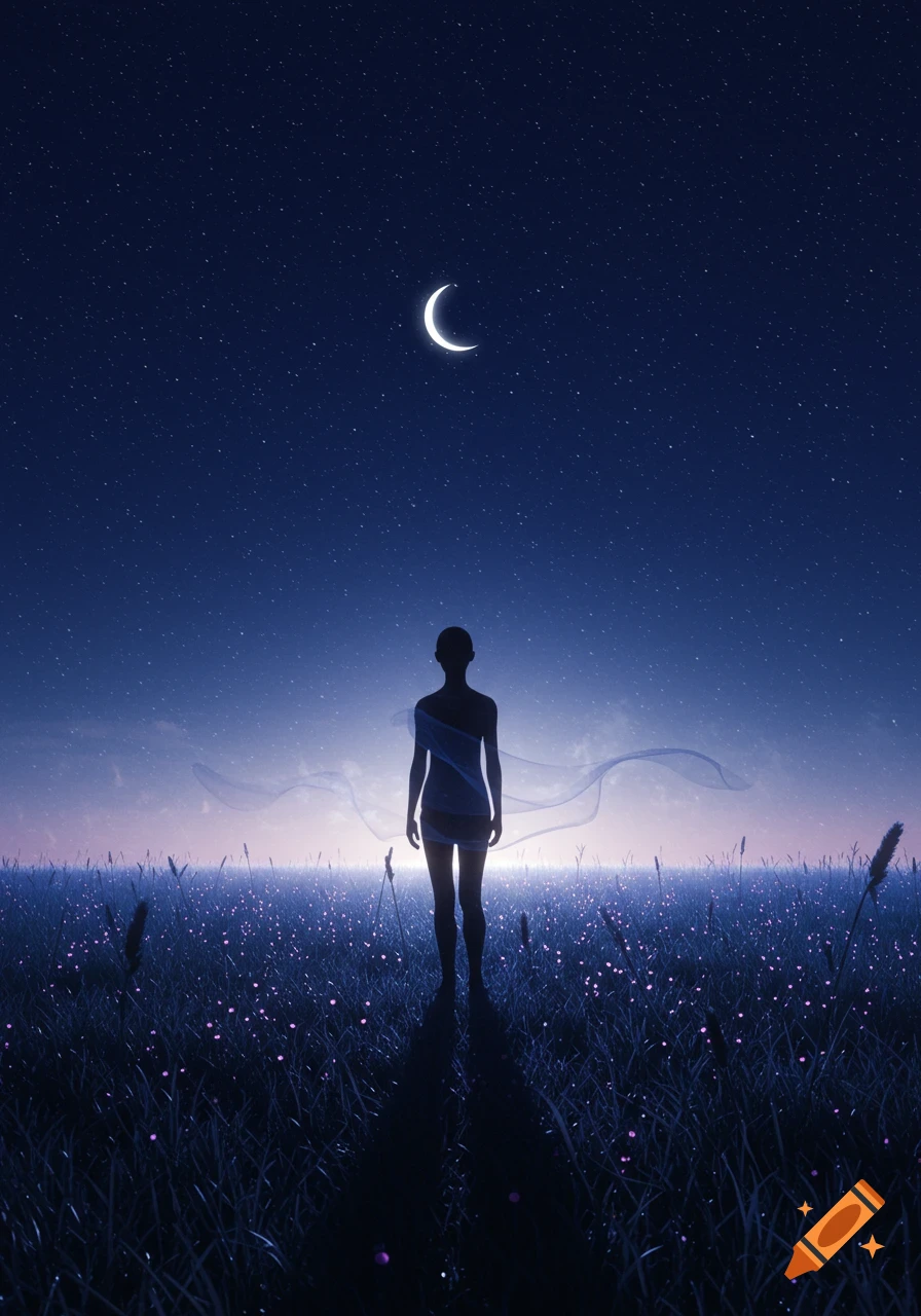 A silhouetted figure stands in a moonlit field under a starry night sky, with glowing plants.