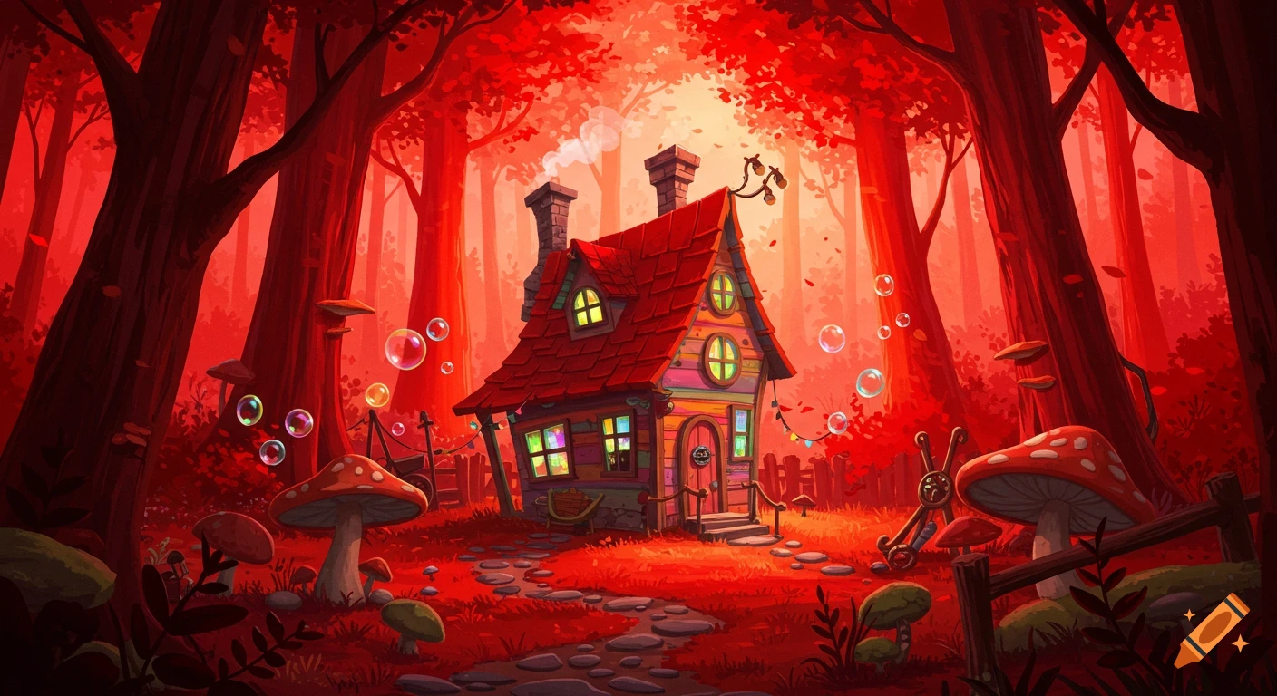 A vibrant red forest with a colorful, whimsical cartoon house, giant mushrooms, and floating bubbles.
