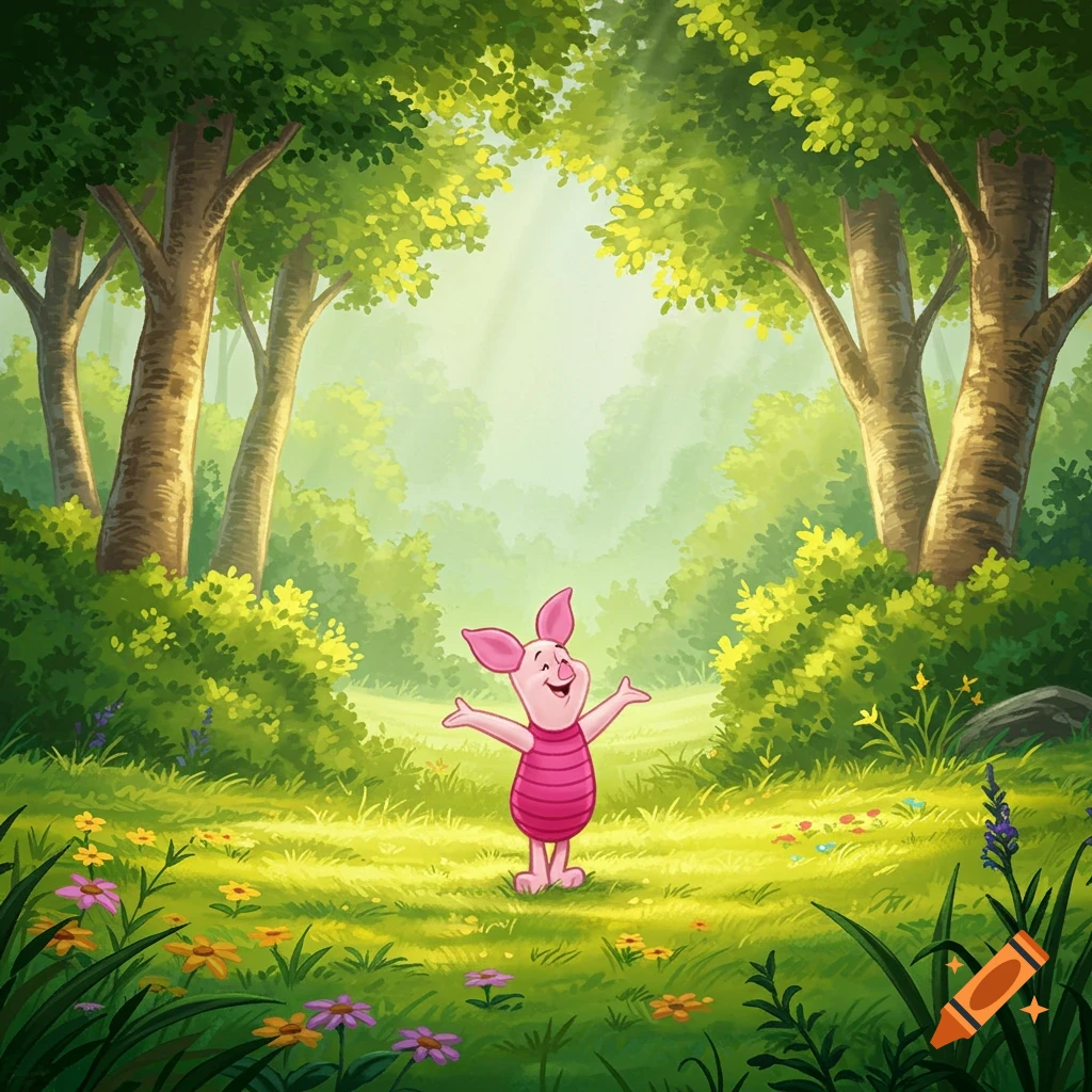 Piglet stands smiling with arms outstretched in a sunny green cartoon forest filled with trees and colorful flowers.
