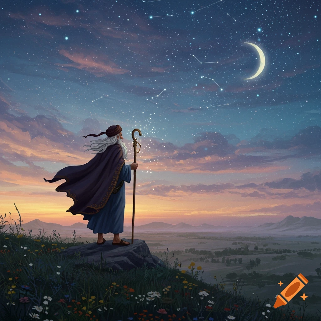 An old man in a turban and cloak stands on a cliff, looking at a starry night sky with a crescent moon, holding a magical staff over a vast landscape.