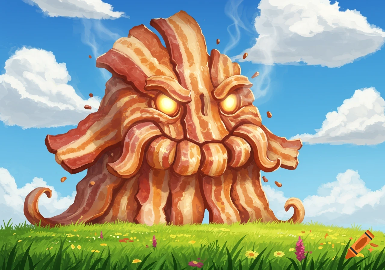A cartoonish, angry bacon monster with glowing eyes stands in a green field under a blue sky.