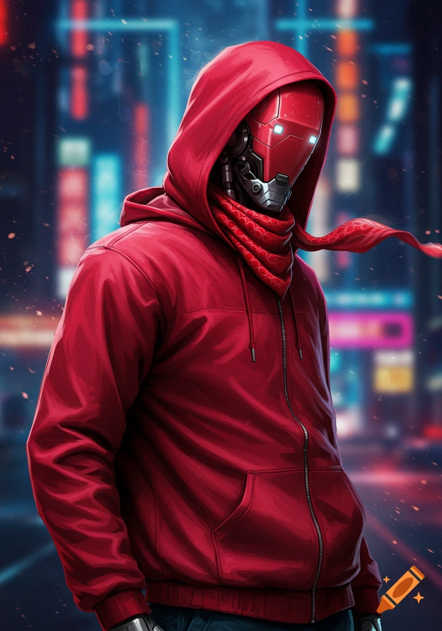A red hooded cyborg with a red scarf covering its lower face stands in a neon-lit futuristic city at night.