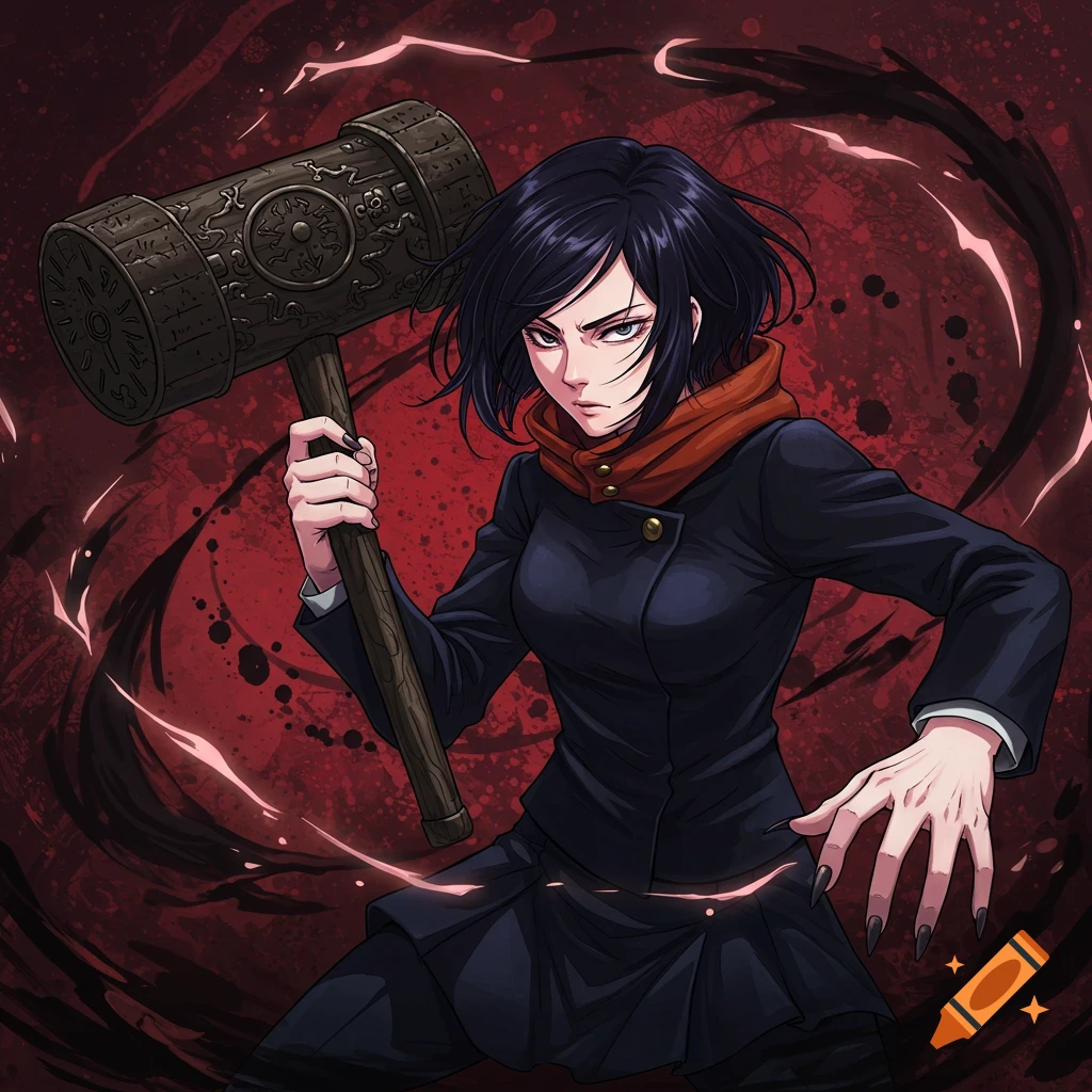 A dark-haired woman in a black jacket and orange scarf, holding a large hammer, against a swirling red and black background in an anime style.