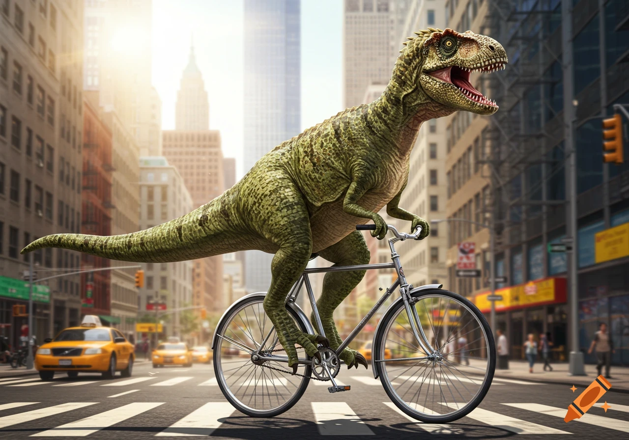 A photorealistic Tyrannosaurus Rex dinosaur riding a bicycle down a bustling city street with yellow taxis and skyscrapers.