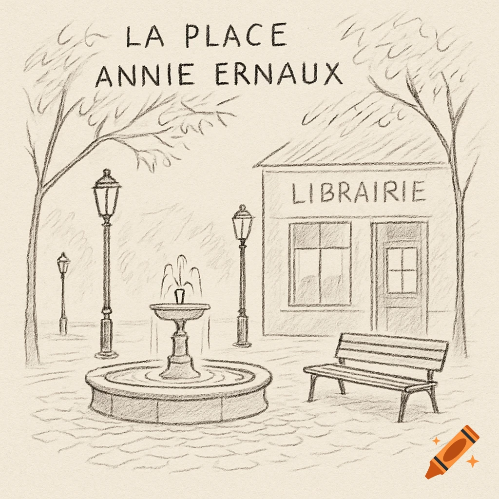 A pencil sketch of a town square with a fountain, streetlights, a bench, and a building labeled LIBRAIRIE. Text reads LA PLACE ANNIE ERNAUX.