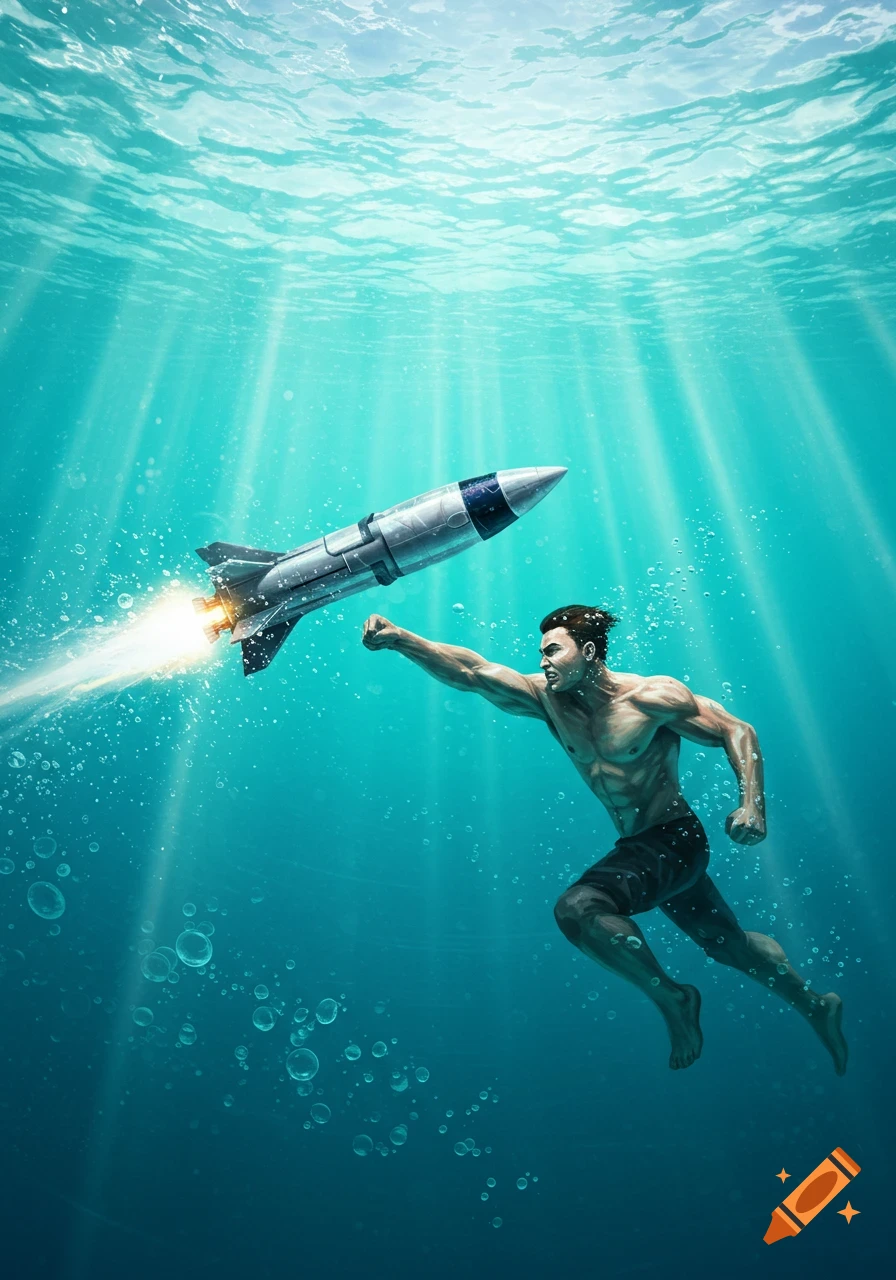 A muscular man punches a rocket underwater, light rays pierce the turquoise surface.