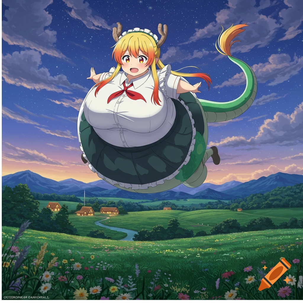Anime dragon maid Tohru, greatly inflated, floats over a lush green landscape with distant mountains and houses under a starry evening sky.