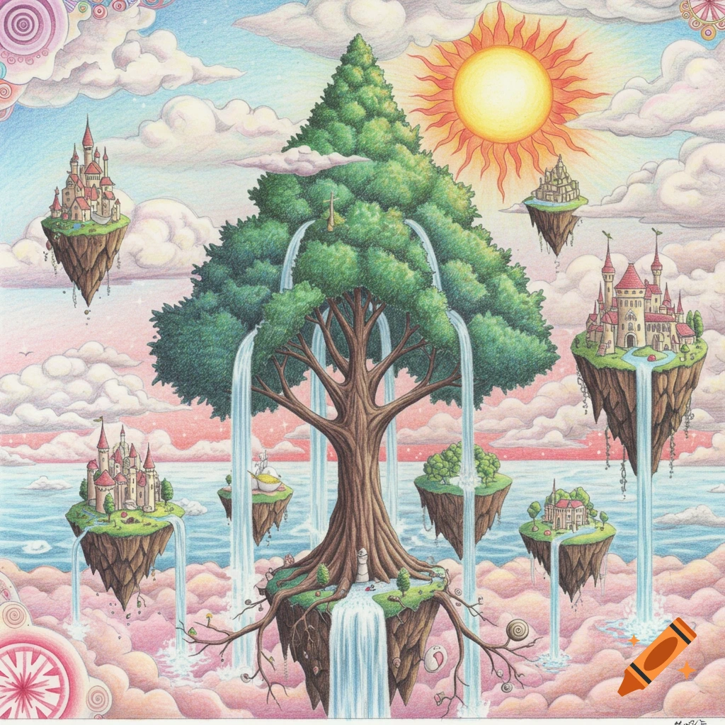 Surreal colored pencil painting of a giant tree with waterfalls flowing onto floating islands with castles, under a smiling sun.