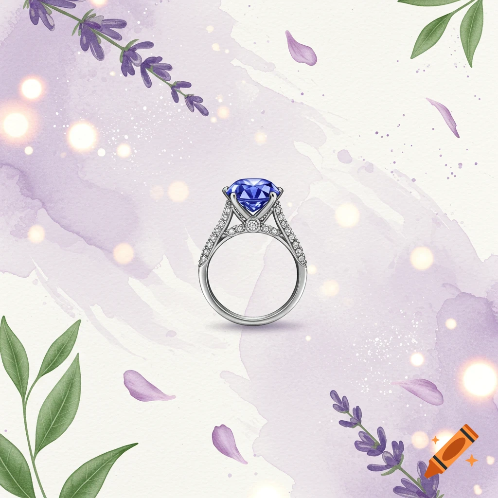 A silver engagement ring with a large blue sapphire and small diamonds, against a lavender watercolor background with blossoms and green leaves.