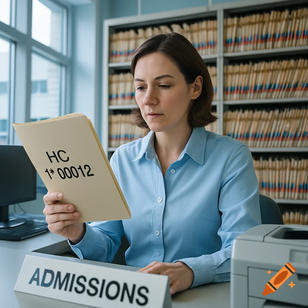 A female healthcare professional in a light blue shirt examines a medical file at an admissions desk, with an archive of folders in the background.