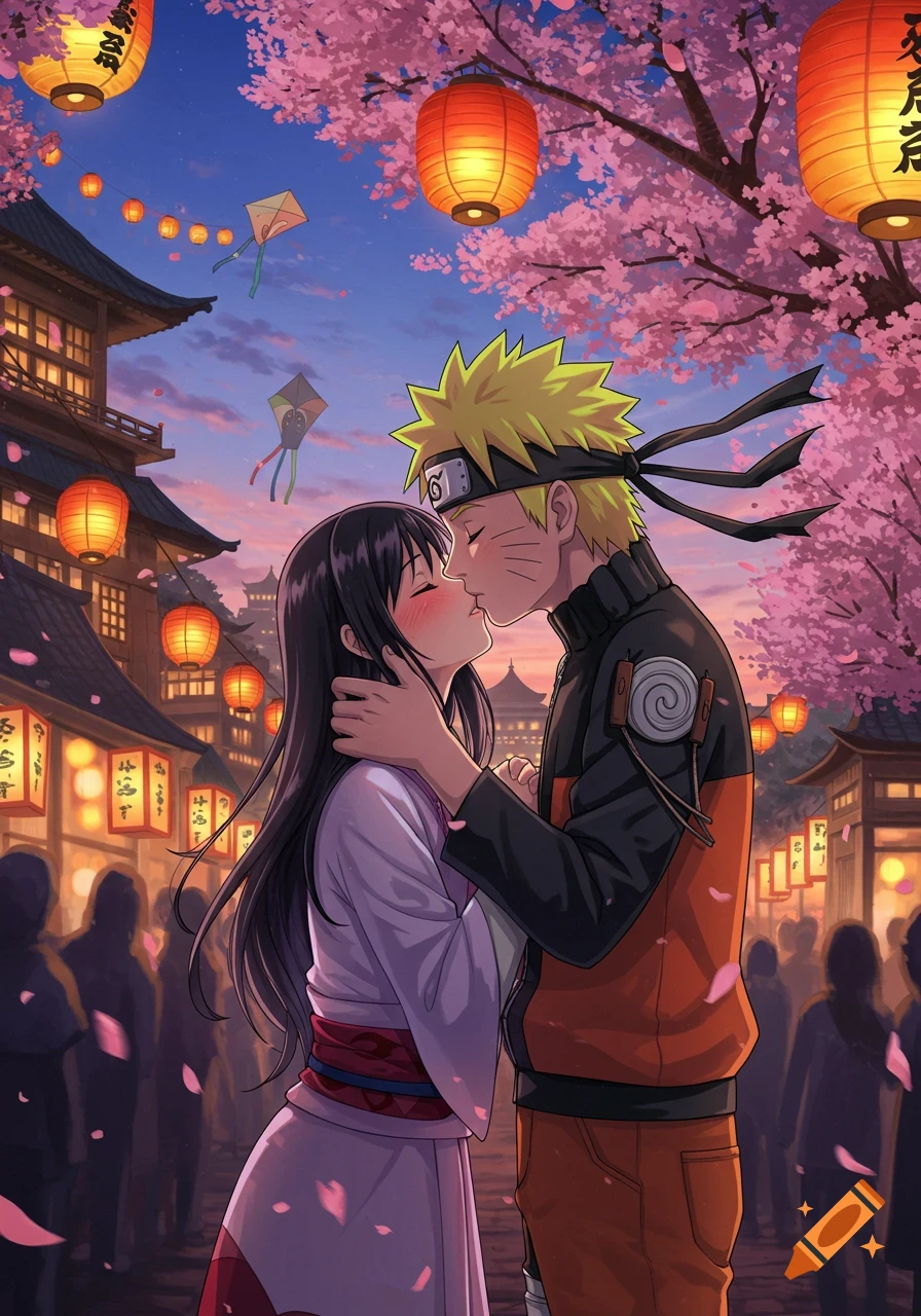 Naruto and Hinata share a kiss under blooming cherry trees and glowing lanterns at a Japanese festival, anime style.