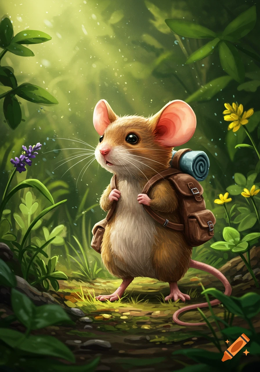 A cute, detailed illustration of a mouse with a backpack wandering through a lush, sunlit green forest.