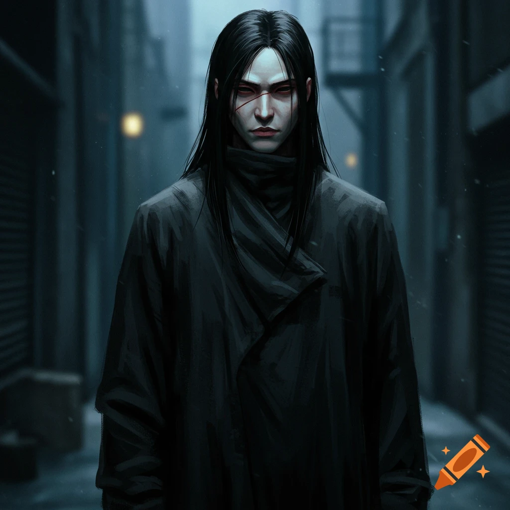 A digital art portrait of a man with long black hair, pale skin, and red facial marks, wearing a dark coat in a moody alley.