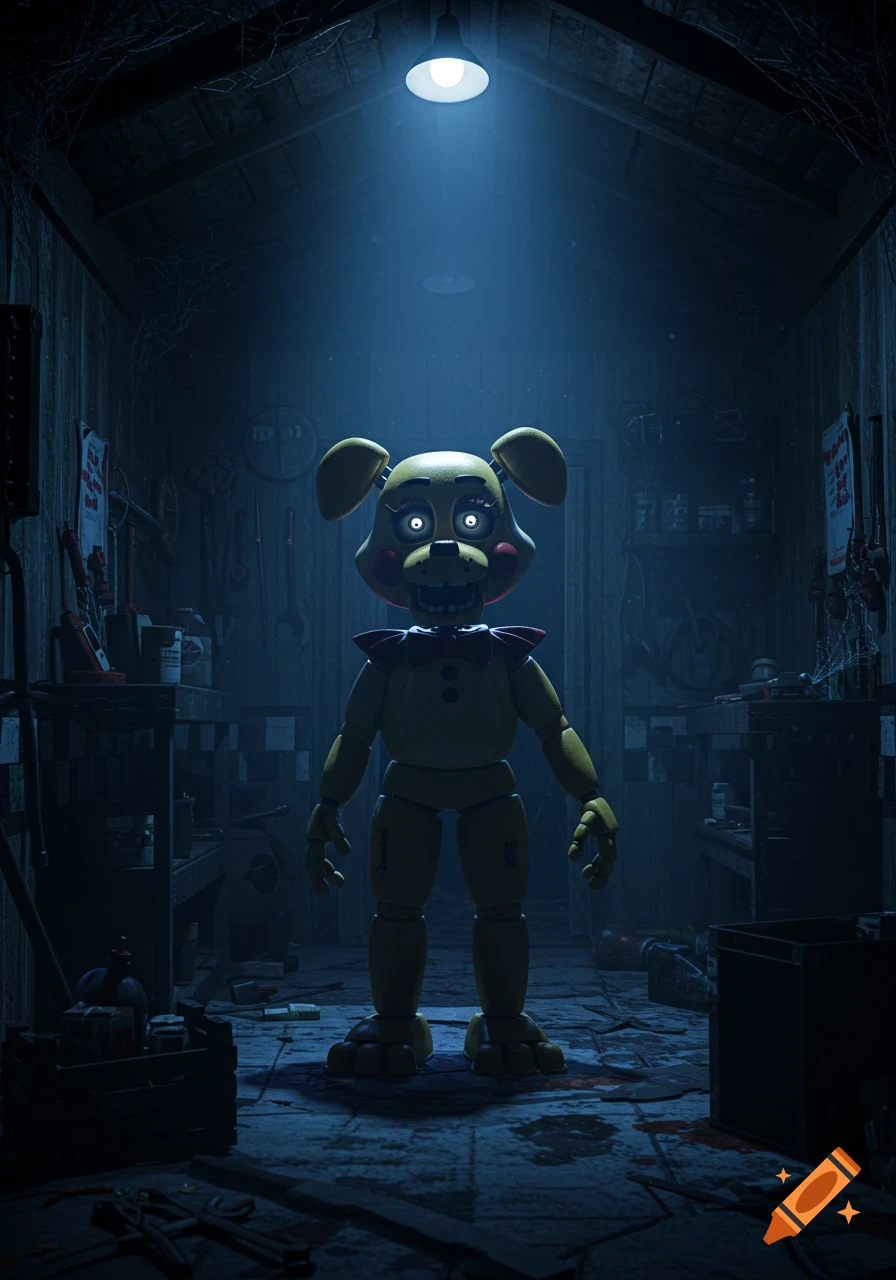 A creepy yellow animatronic dog with glowing white eyes and a red bow tie stands in a dimly lit, cluttered shed under a single bright lamp.