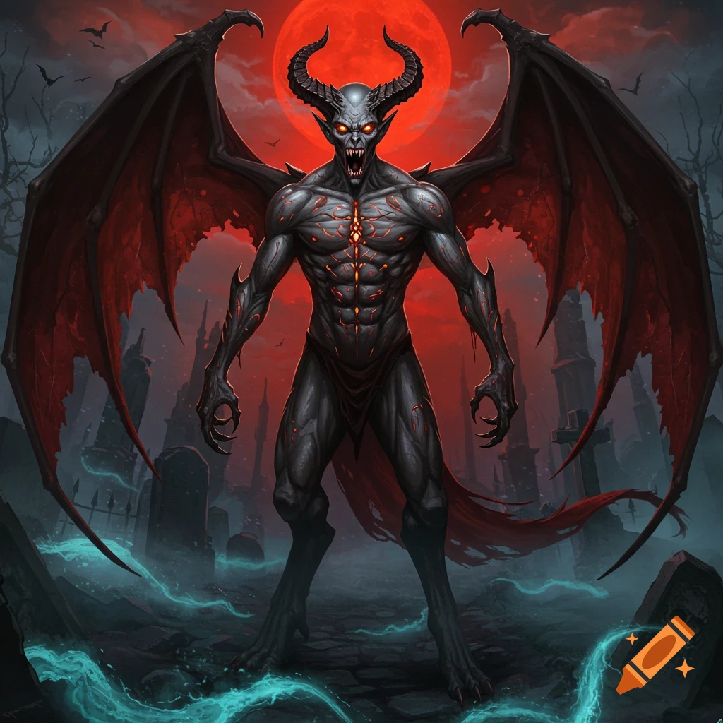 A menacing, muscular demon with horns, red eyes, and large bat wings stands in a dark, ominous graveyard under a blood-red moon.